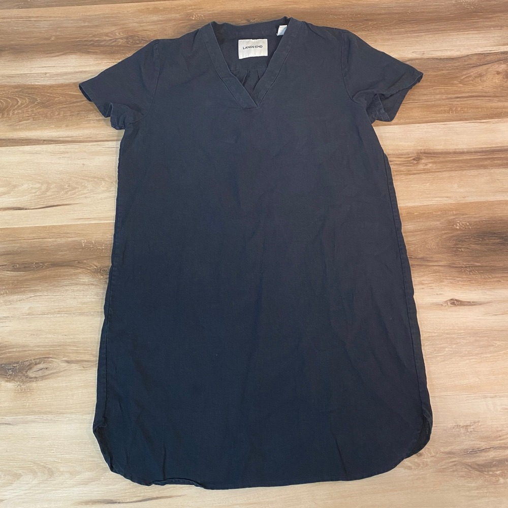 Lands‎ End Womens Navy Blue Linen Blend V Neck Short Sleeve Casual Dress Size 12